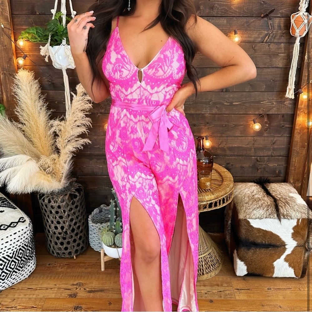 Pink Lace Jumpsuit and Rhinestone Belt